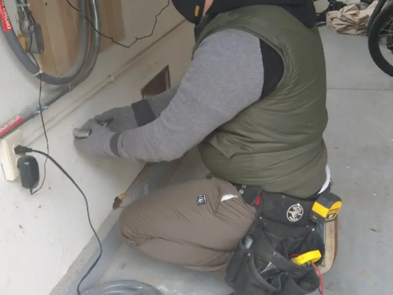 Electrician performing outlet wiring in a Cedarburg garage